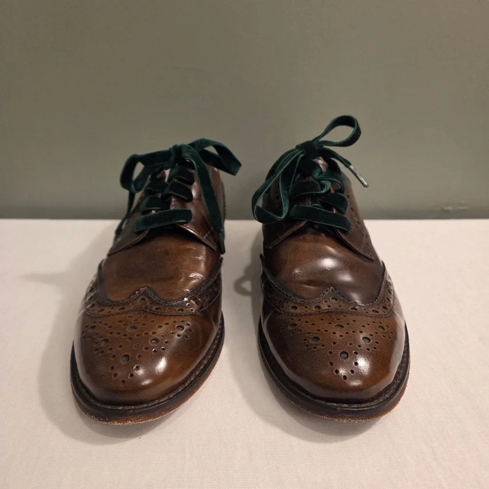 Johnston & Murphy Women's Brown Leather Wingtip Loafers Green‎ Velvet Laces